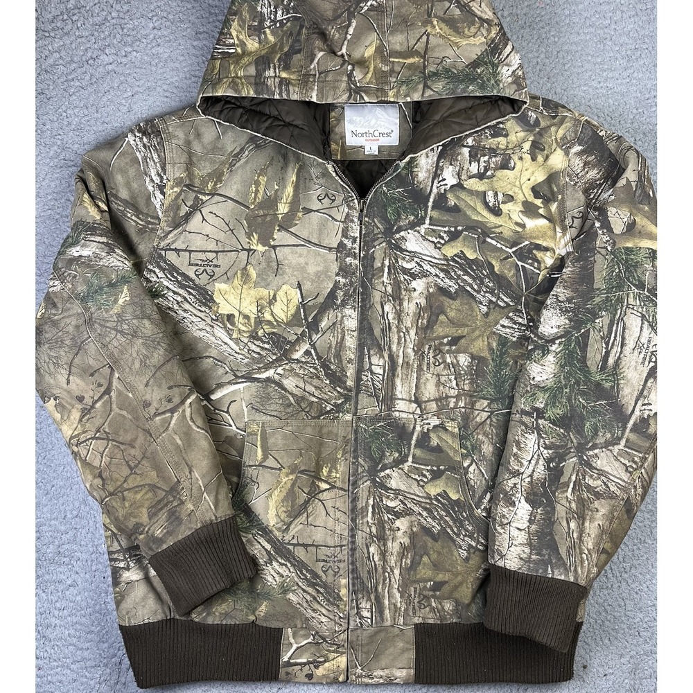 North Crest Outdoor Jacket Mens L Brown Camo Hooded Canvas Realtree Hunting Coat